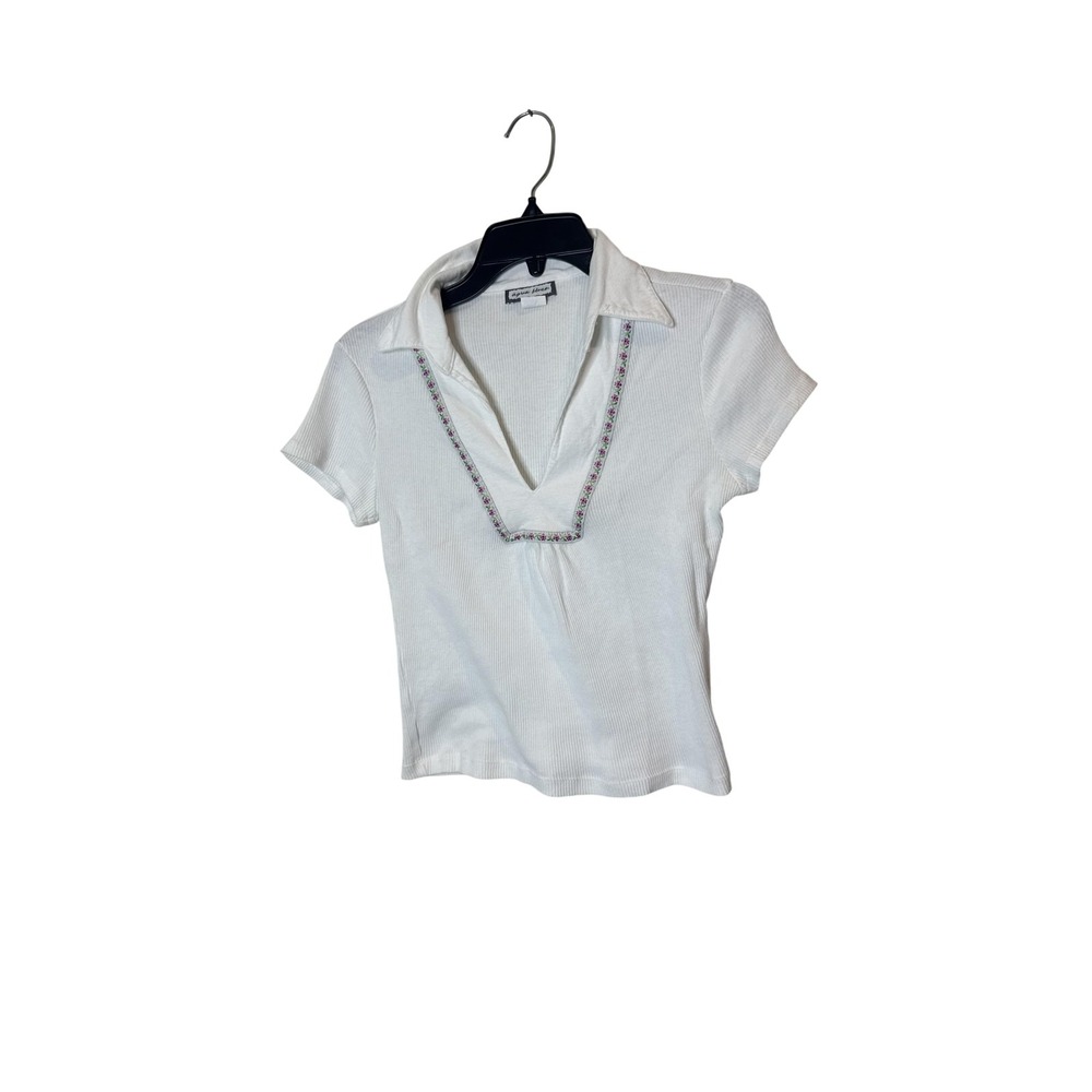 Aqua Blues Polo Shirt Womens Medium White Ribbed Embroidered Floral V Neck Top